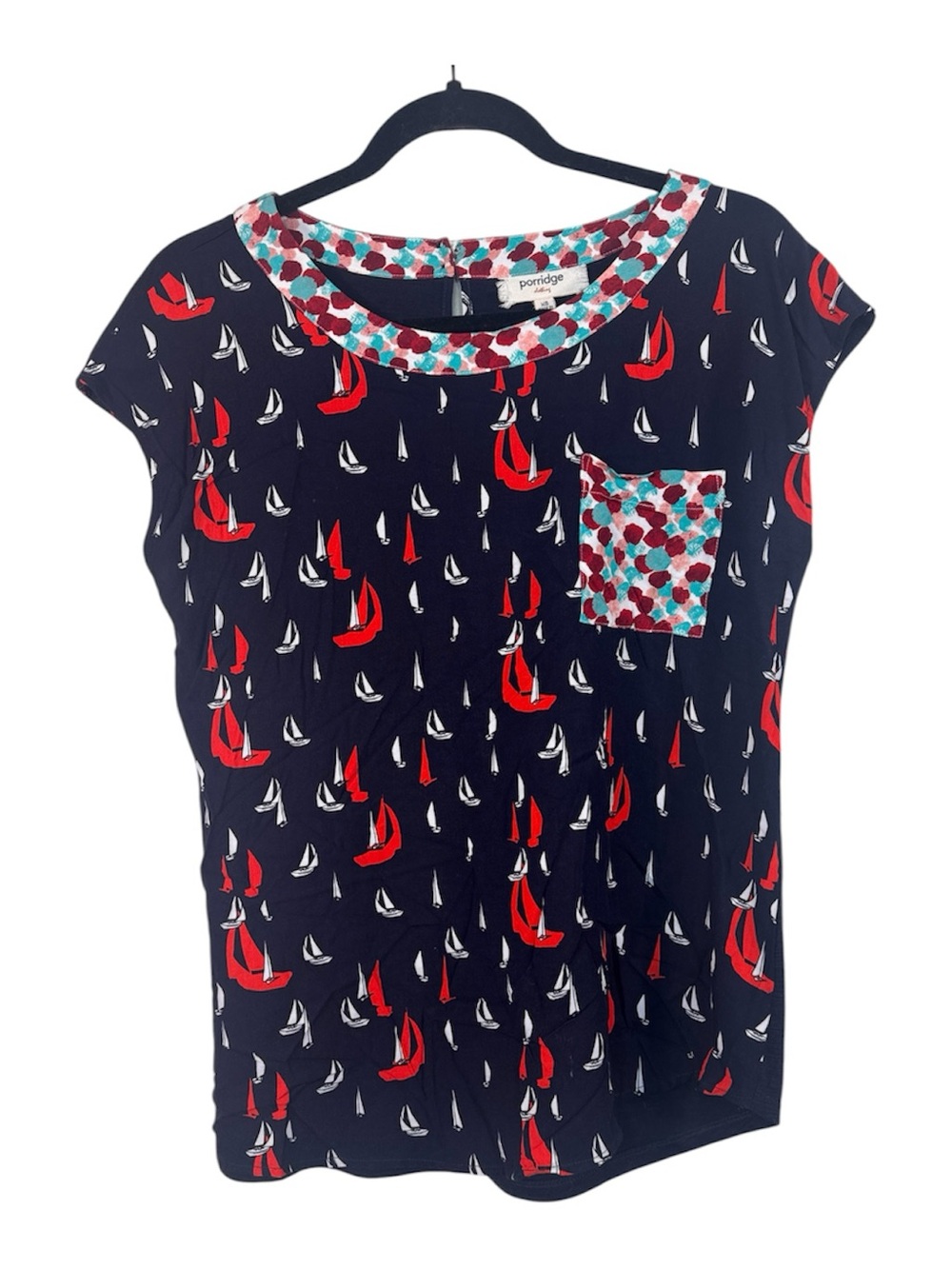Anthropologie Porridge Blue Sailboat Print Blouse Womens XS Nautical Casual Tee